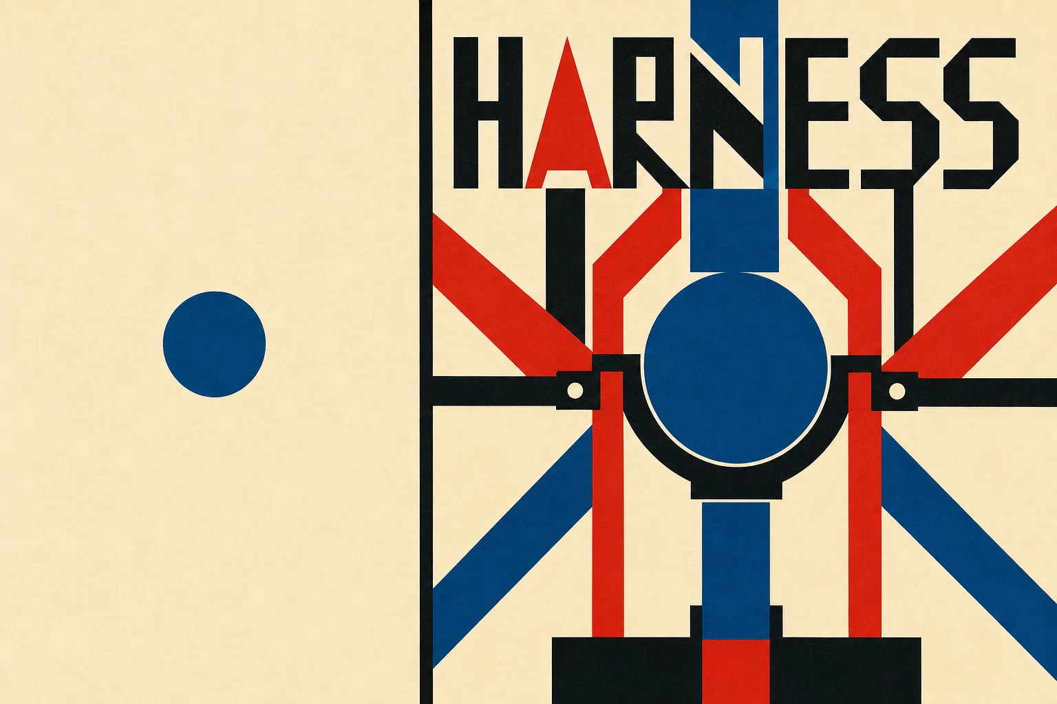 Bauhaus-Plakat: links ein nacktes blaues Modell, rechts dasselbe Modell in einem kräftigen Gerüst aus blauen und roten Streben, das es trägt; Schriftzug HARNESS.