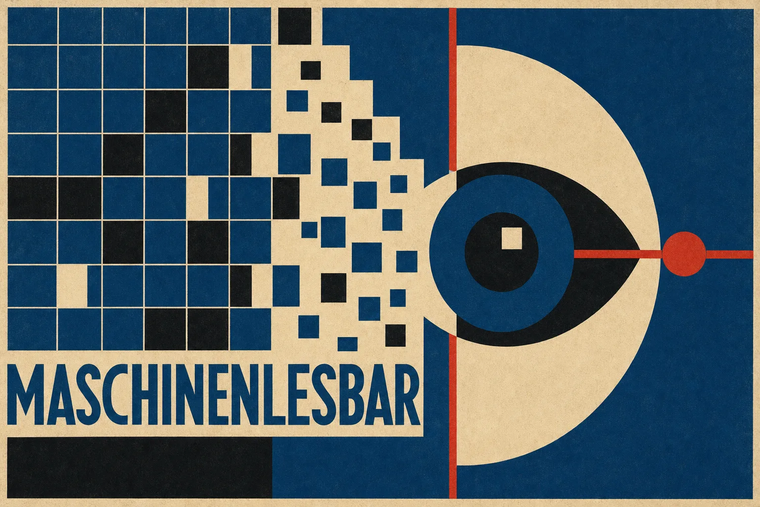 Bauhaus-Plakat: ein Pixel-Raster läuft nach rechts in ein geometrisches Auge, Maschine trifft menschliche Wahrnehmung