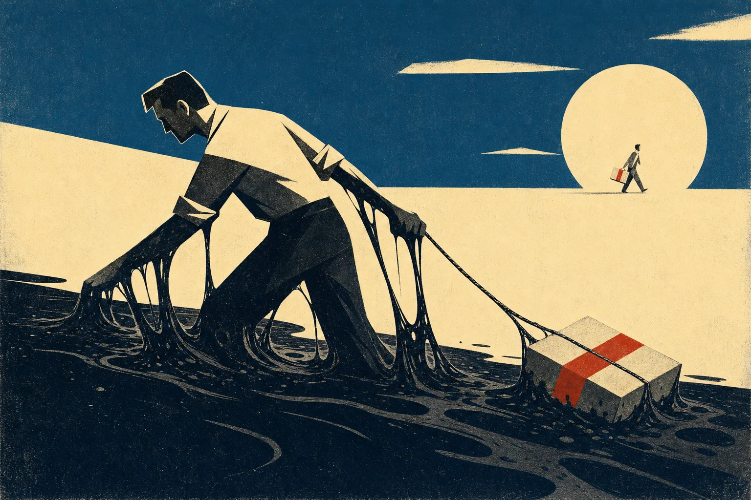 Mid-Century-Illustration: eine Figur zieht ein Paket mit rotem Band durch zähe, fadenziehende dunkle Masse; im Hintergrund trägt eine kleine Figur das gleiche Paket leichtfüßig über festen Grund